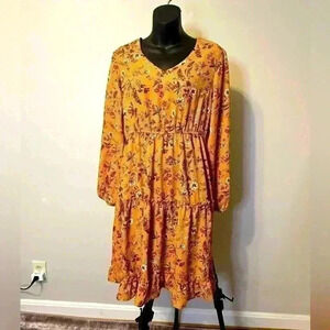 Yellow Floral Long Sleeve Dress - Small